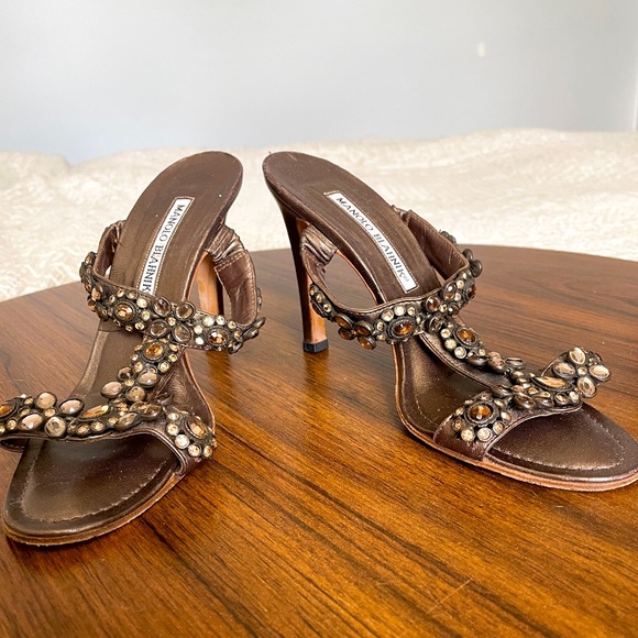 Manolo Blahnik Metallic Brown Jeweled Slide Sandals - Picture 2 of 4
